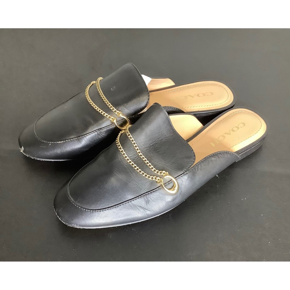 Coach Women Black Leather Chain Link Mule Loafers Almond Toe Flats Size 7.5 - Picture 4 of 4